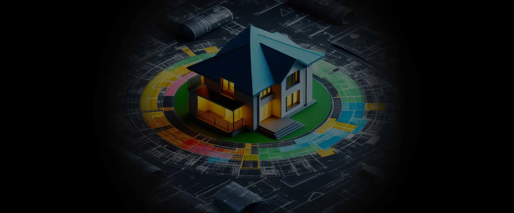 A 3D model of a house sits in the center of a colorful circular chart, surrounded by architectural blueprints, symbolizing home design and planning.