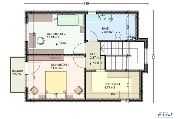 2 Story Steel frame house with balcony model 137-107 - house plan 1st floor