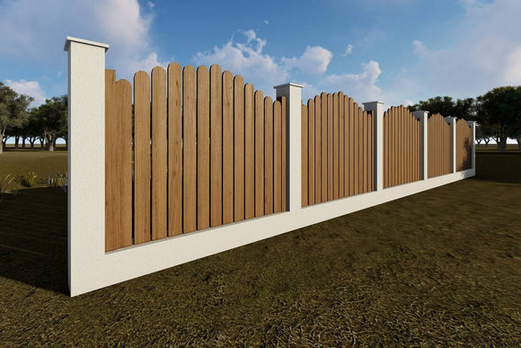 Concrete House Fence With Vertical Wooden Panels Model GA11 - fence model image 1