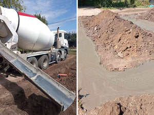 Construction of a House on a Metal Structure Pouring Concrete Mortar into Foundation Trenches thumbnail