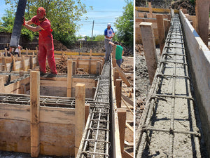 Construction of a Single-Story House Pouring Concrete into the Foundation Beams thumbnail