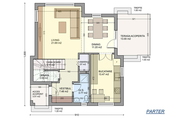 Steel Frame House With 2 Floors And Covered Terrace 180-110 - ground floor plan