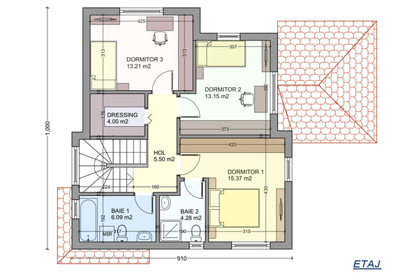 Steel Frame House With 2 Floors And Covered Terrace 180-110 - upper floor plan