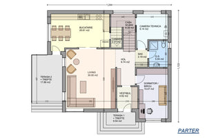 Steel frame house with 2 floors and terrace model 285-108 - ground floor house plan thumbnail