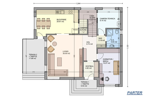 Steel frame house with 2 floors and terrace model 285-108 - ground floor house plan