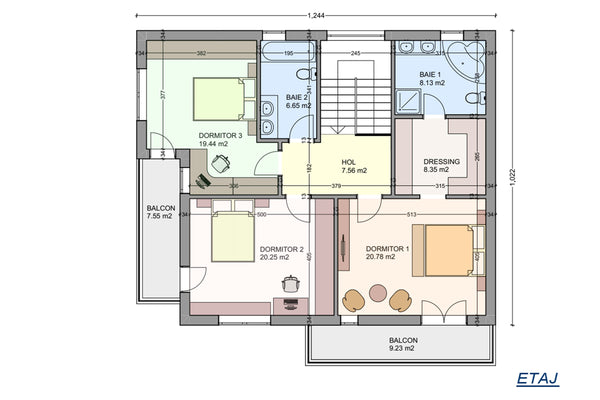 Steel frame house with 2 floors and terrace model 285-108 - 1st floor house plan