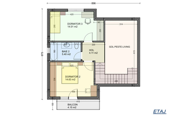 Steel frame house with covered terrace and balcony 150 sqm - 1st floor design