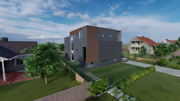 vizualizare arhitecturala 3d fatada posterioara casa din otel zincat cu 2 etaje si demisol